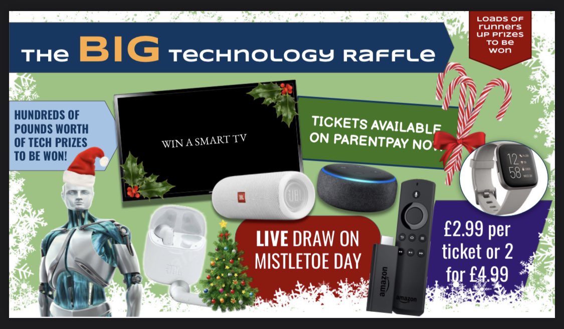 RcsEdtech's tweet photo. 📢There will be a LIVE draw on Mistletoe day to announce the winners. 1 LUCKY student could go home with a SMART TV for Christmas and that could be YOU! 😮😎🎄We are selling individual tickets for £2.99 or you can buy 2 tickets for £4.99🌟🎫 @ReddenCourt #RedTech #raffle #prizes https://t.co/KEQUWfYv9V