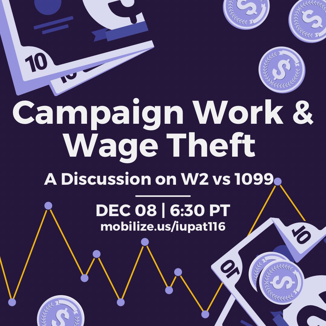 IBEWPNW's tweet photo. Far too often campaign workers are exploited by the candidates and campaigns they dedicate their lives to, often in the form of wage theft and misclassification. Join us for a discussion with @DMorganRussell to learn more about W2 vs 1099 work and your rights as campaign workers! https://t.co/1NiUeDsV1M