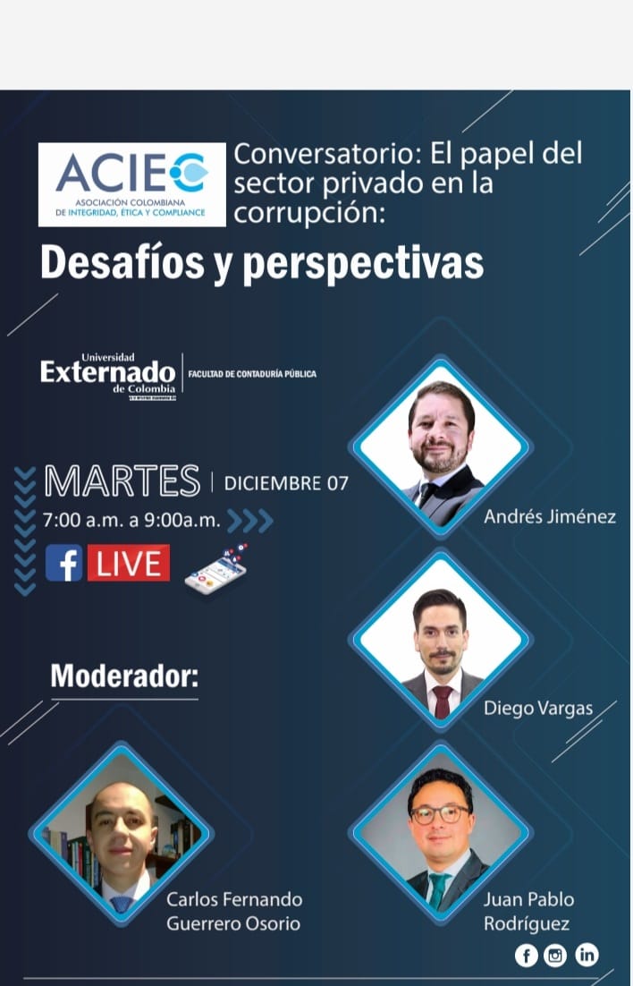 acieccol's tweet photo. Invitamos al panel, realizado por Universidad Externado de Colombia y Asociación Colombiana de Integridad, Ética y Compliance para conmemorar la lucha internacional anticorrupción. Cordialmente invitados. Panelistas de lujo y totalmente gratuito. https://t.co/OItyv4Vf88
