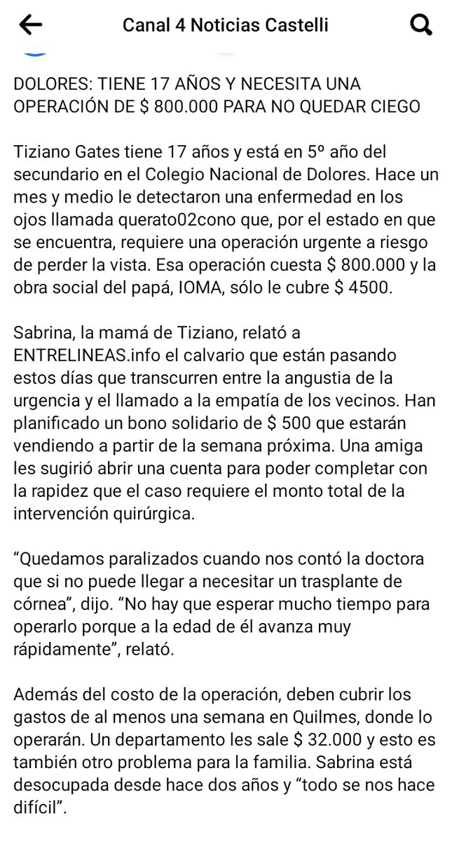 NadiaLpez12's tweet photo. A Tiziano le detectaron una enfermedad en los ojos llamada querato02cono q requiere una operación urgente a riesgo de perder la vista y tiene un costo de$ 800.000
Su CBU es 0000003100055544786701  y está a nombre de Sabrina Morales, todo suma. A la gente solo la ayuda la gente!! https://t.co/xlpofZX8vk