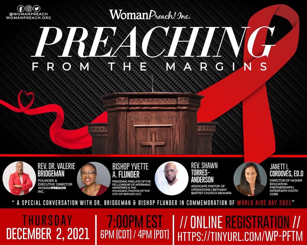 Will you join us? <a href="/WomanPreach/">WomanPreach!</a> offers the second in a series of conversations with @DrValerieB as we explore Preaching from the Margins. A tremendous opportunity in honor of World Aids Day. <a href="/revdionneb/">Dionne P. Boissiere</a> and incredible conversation partners. #womanpreach #preaching #inclusion