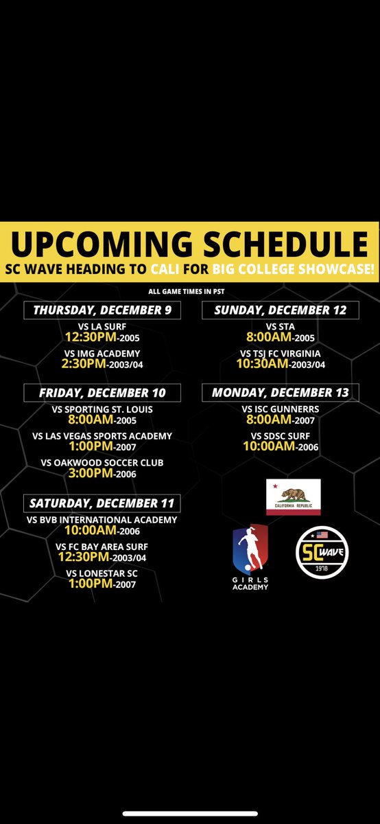 Big games for our teams heading to Silverlakes, CA. Looking forward to great competition, college coaches and warmer weather! <a href="/GAcademyLeague/">Girls Academy</a> <a href="/NCAASoccer/">NCAA Soccer</a>
