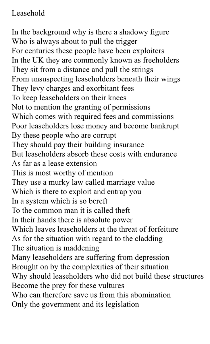 KarenzaLesley's tweet photo. Leasehold - A Travesty of Justice
Poem by Lesley Johnson (2021)
@HarryScoffin @NLC_2019 @LKPleasehold @thatginamiller @SteveReedMP @guardian @EdwardJDavey @Telegraph @team_greenhalgh @stevema67740989 https://t.co/rGcESxXGKa