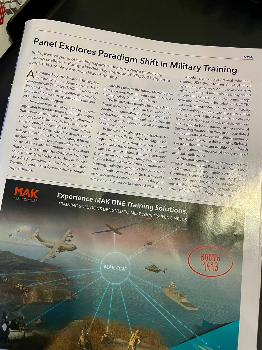 Great to see this write up of our <a href="/iitsec/">I/ITSEC</a> <a href="/CNASdc/">CNAS</a> “A New American Way of Training” event in the <a href="/IITSECshowdaily/">I/ITSEC Show Daily</a> w/ <a href="/C_M_Dougherty/">Christopher M. Dougherty</a>, <a href="/k_m_jackson/">Kimberly Jackson</a>, <a href="/PaulFunk2/">GEN Paul E. Funk II</a>, Admiral Richardson, and Gen. Holmes.