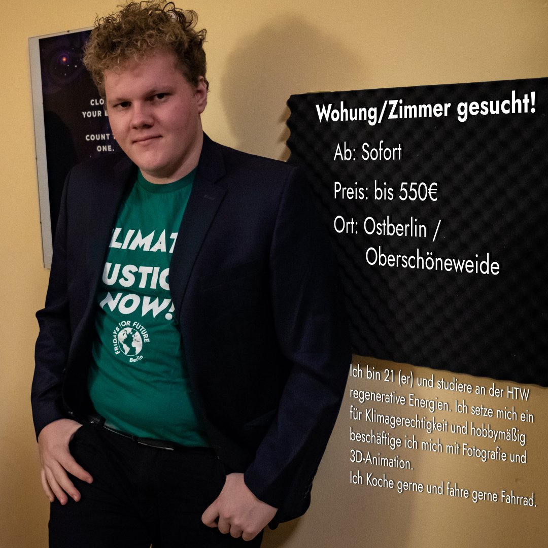 Hey, ich suche dringend eine #Wohnung oder ein WG-Zimmer in #Berlin. Mein Name ist Karol Roller (21, er), ich studiere regenerative Energien an der HTW Berlin und möchte in die Nähe der Hochschule ziehen. (1/2)
#Wohnungssuche