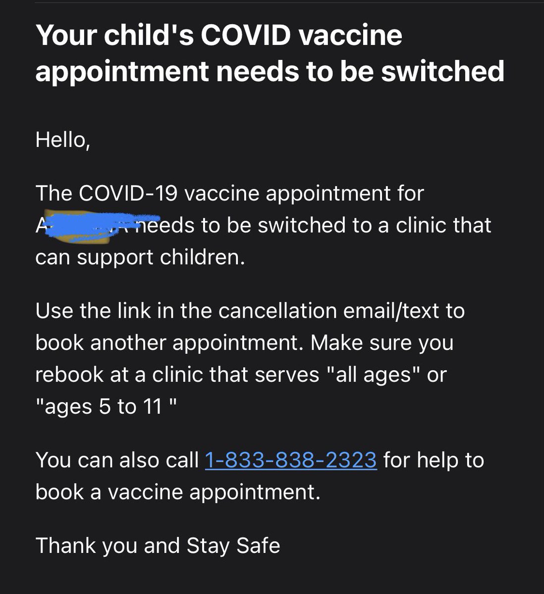 hsall1's tweet photo. @richardzussman @keithbaldrey what’s happening with the kids booking system. Second cancellation I received. Both pharmacies. https://t.co/wYplp7i5Of