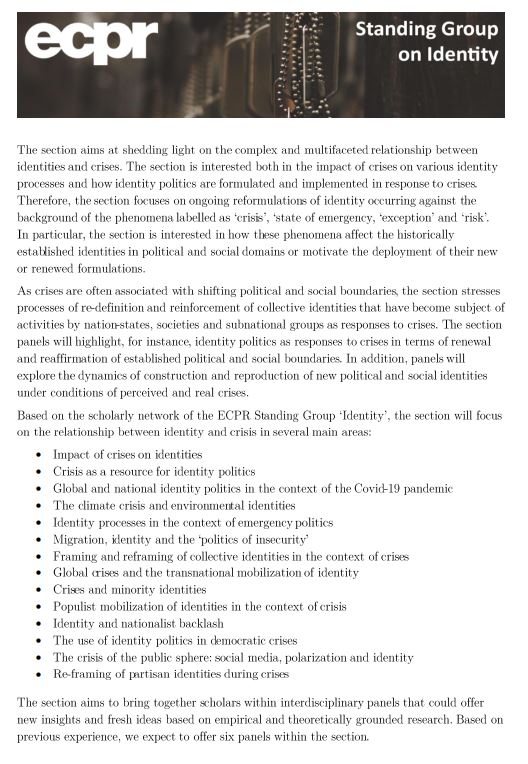 SGidentityECPR's tweet photo. 'This the season: @SGidentityECPR is preparing a section proposal for next @ECPR General Conference in the lovely Innsbruck "IDENTITY (IN) CRISIS" 
See the brief description below &amp; get in touch with us before Dec. 7th if you're interested in proposing a panel within the section! https://t.co/62K30Fnkig