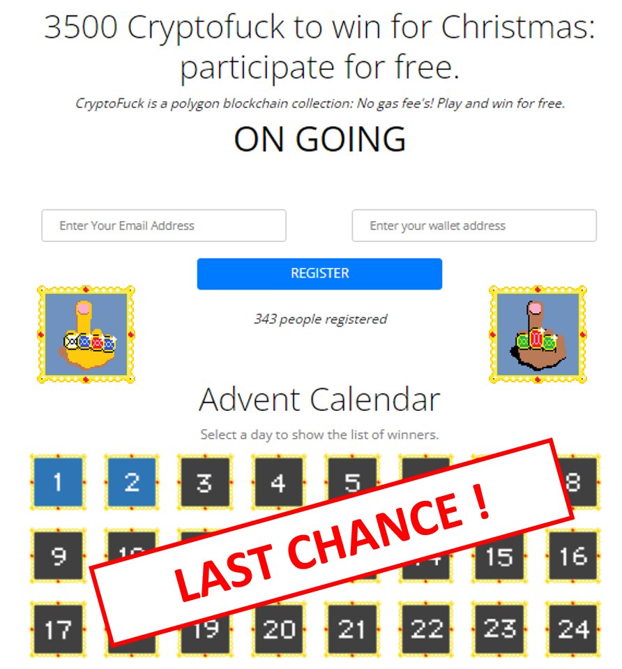 maxartproject's tweet photo. 🔔Las chance ! 🔔

➡️Register to our Advent Calendar for free: https://t.co/turTMSh4si
➡️140 NFT winners every day ! 🎁

1st Dec.:    400 CF dropped - 350 owners
24th Dec.: 4000 CF dropped ~1000owners

#NFTdrops #NFTGiveaways #NFTs  #NFTCommunity  #NFTshill https://t.co/1jeFkihwuG