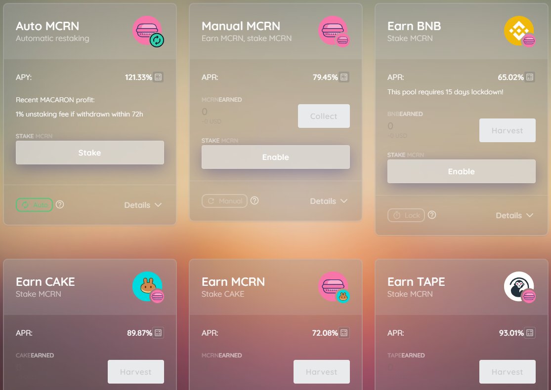 Choco Falls staking pools recap on #BSC!
Stake #MCRN, Earn #BNB 
Stake #MCRN, Earn #MCRN 
Stake #MCRN, Earn #CAKE 
Stake #MCRN, Earn #TAPE 

🔗 macaronswap.finance/chocofalls
📲 t.me/macaronswap 

#BSC #Binance #BinanceSmartChain #HODL #ALTSEASON #altcoin #DeFi #BUIDL