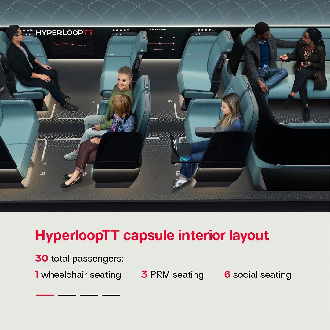 hyperlooptt's tweet image. Experience the HyperloopTT capsule layout. With a capacity of 30 passengers, the capsule includes personalized space for passengers, a social zone for a shared experience and accommodations for assisted travelers.
#hyperlooptt #transportation #tech #techlover #innovation