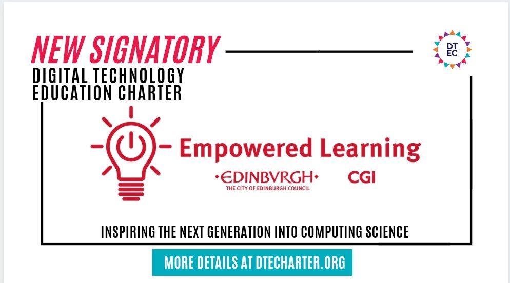 DTECharter's tweet photo. We are delighted to welcome @DigiLearnEdin as our latest #DTECSignatory
The Digital Technology Education Charter is a national movement supporting Computing Science at schools in Scotland. Sign up at https://t.co/KUBHuzBX5t https://t.co/EQCXi1irgz