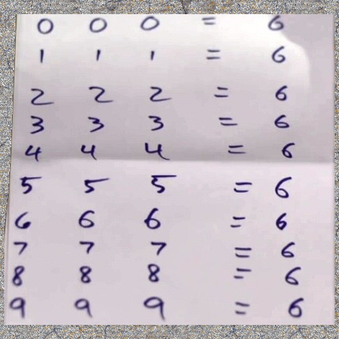 pickover's tweet photo. Mathematics.  Make each statement true without using any other numbers.

Example. 6 is easy: 6 + 6 - 6 = 6.

Rules:
1) You cannot draw a number.
2) To obtain 6, you can only use mathematical symbols, so long as they don't include a number.

Source: https://t.co/glD06qCU7B https://t.co/P2UhXSvA9r