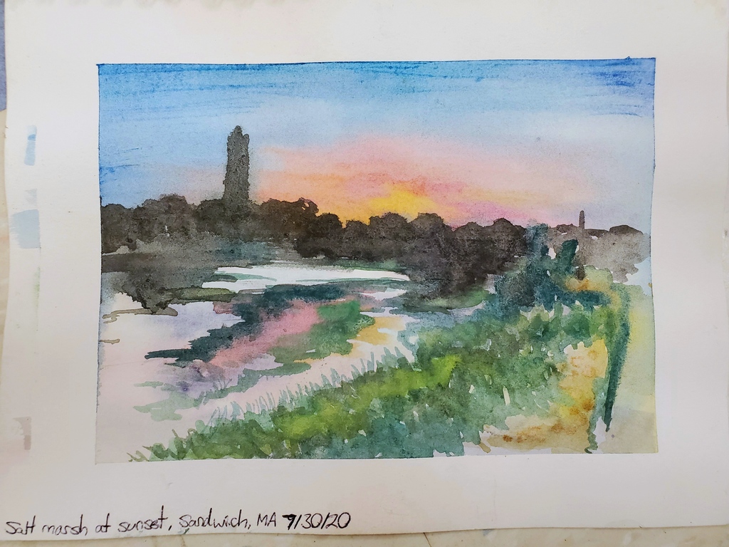 #throwbackthursday
Salt marsh at sunset, Sandwich MA (7/30/20)⁠
⁠
#sunset #landscape #tower #marsh #saltmarsh #grass #beach #ocean #water #sea #tide #sky #massachusetts #ma⁠ #sandwich #sandwichma
#watercolor #pleinair #sketchbook #painting #sketch #paintingoutdoors #outdoor