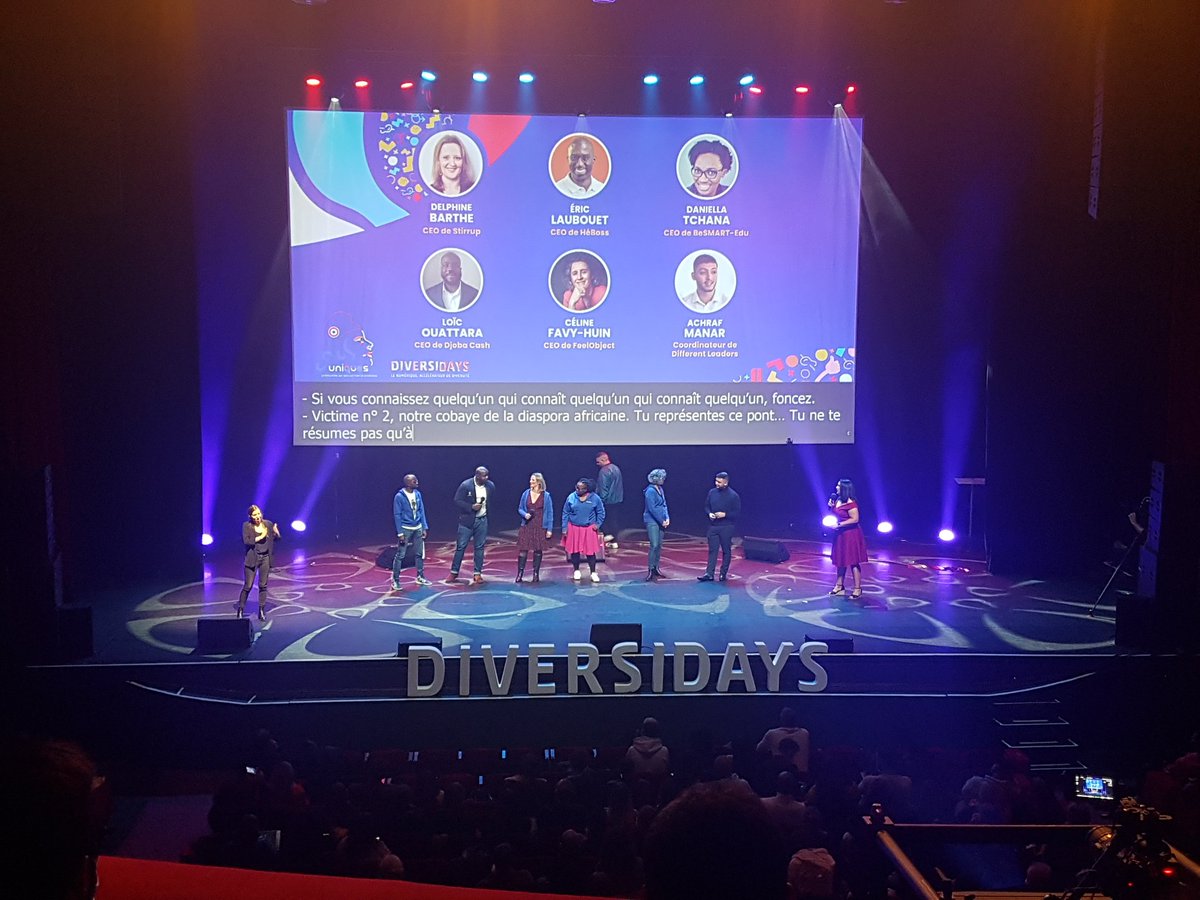 Que de beaux projets sur scène, <a href="/DelphineBarthe/">Delphine Barthe</a> avec Stirrup, <a href="/EricLaubouet/">LAUBOUET Eric</a> avec HéBoss, <a href="/DaniellaTchana/">Daniella TCHANA</a> avec BeSMART-Edu, @Handi3D avec FeelObject, Loïc Ouattara avec Djoba Cash et Achraf Manar #Diversidays #olympia #inclusion