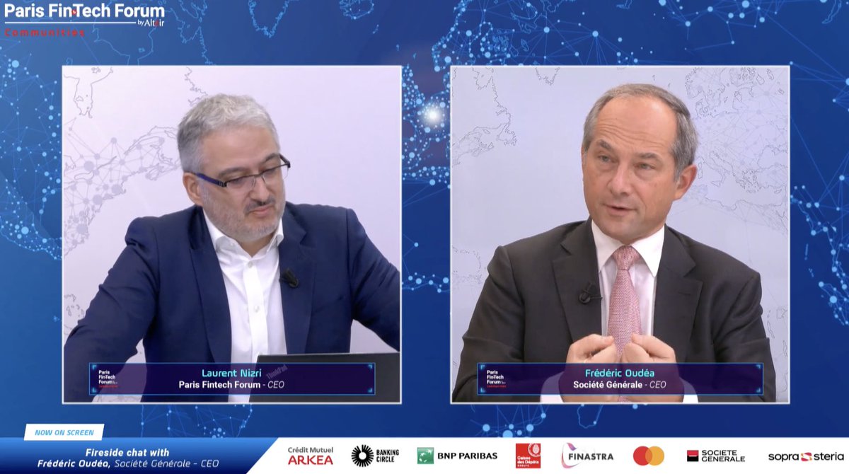 FredericOudea's tweet photo. Great discussion with @LNizri at #PFF21 about openbanking and what #tech means for @SocieteGenerale. We're accelerating cultural change with the use of data in particular and further developing new business models to create a better experience overall for our clients. https://t.co/FDiZlMMvvG