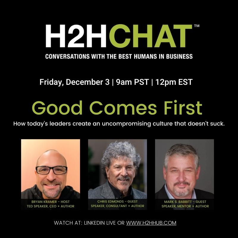 MarkSBabbitt's tweet photo. Tomorrow at 12pm Eastern, join @scedmonds @bryankramer and me on #H2HCHAT. We'll discuss why today's business leaders must equally value respect and results — and why, especially in today's world of work — good must come first.

Respect = Results. https://t.co/ekyJ11JU46