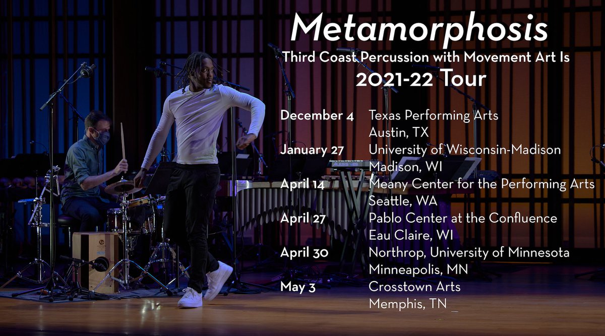 ThirdCoastPerc's tweet photo. We're taking Metamorphosis on the road this season! 🕺🏿🌀 First stop: this Saturday night at @tpapresents 🌟 ✈️ Find out when we'll be in a city near you 👀 ⬇️ 
🎵: @Jlin_P #TyondaiBraxton @philipglass 
🕺🏿choreo by #MovementArtIs , performed by @MOVES4MOVES and #CameronMurphy https://t.co/VU8QDtYyi9