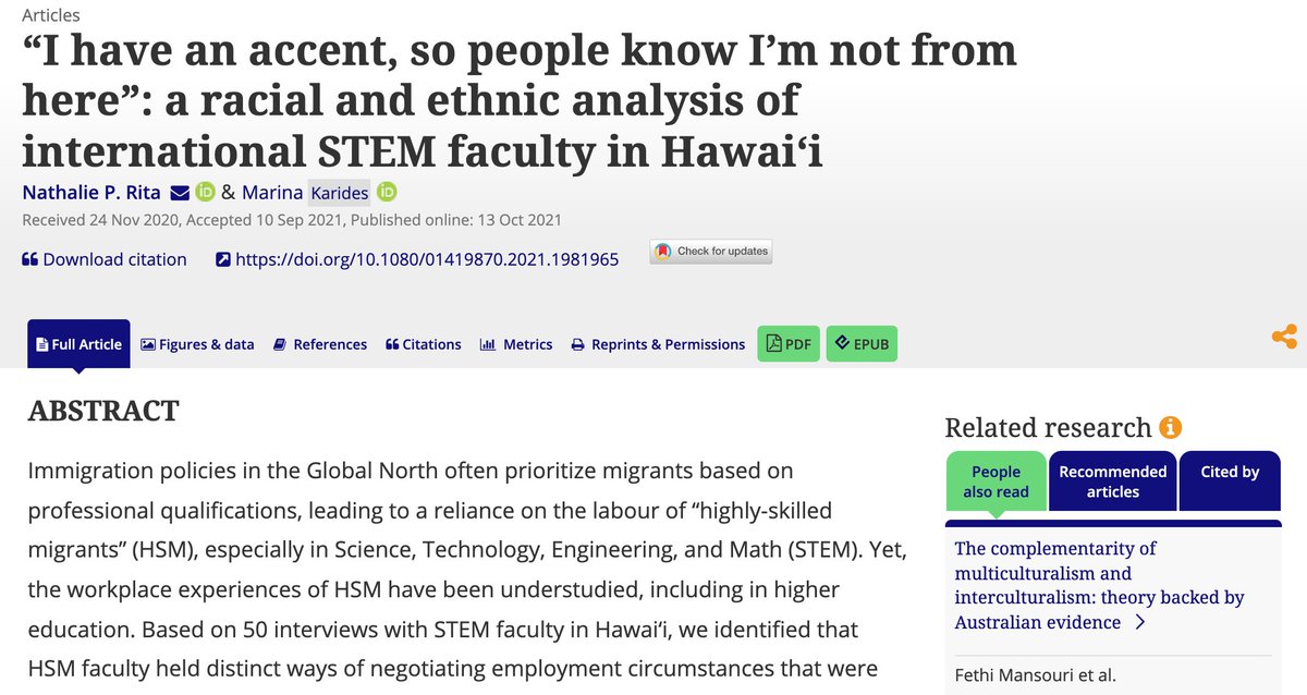 PhD student Nathalie P. Rita has coauthored a new article in Ethnic and Racial Studies, “I have an accent, so people know I’m not from here”: a racial and ethnic analysis of international STEM faculty in Hawai‘i" ! @NathaliePRita 