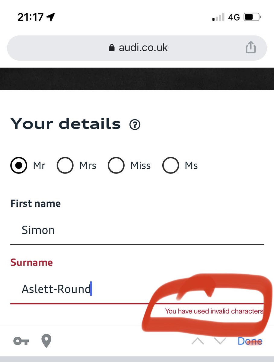 SiRound's tweet image. Oh really @AudiUK?  Poor show, its like the last 20 years of websites never happened…..

Is it worth me even thinking of ordering one if you can’t handle my last name?

#PoorDesign