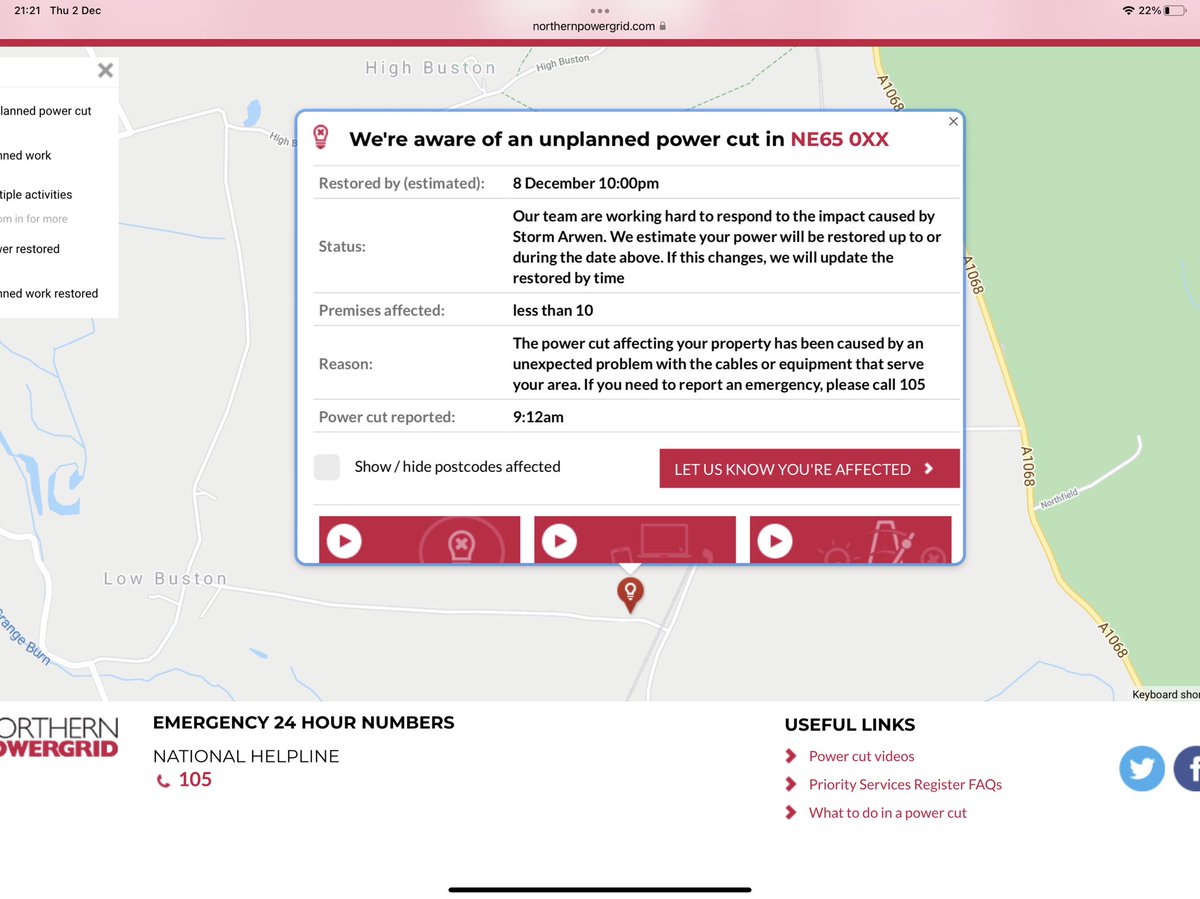 8th December is a long time away for 6 cottages, the rest of the farm has power, it would seem a simple fix? One premature baby, one vulnerable elderly person. <a href="/Northpowergrid/">Northern Powergrid</a> @annietrev