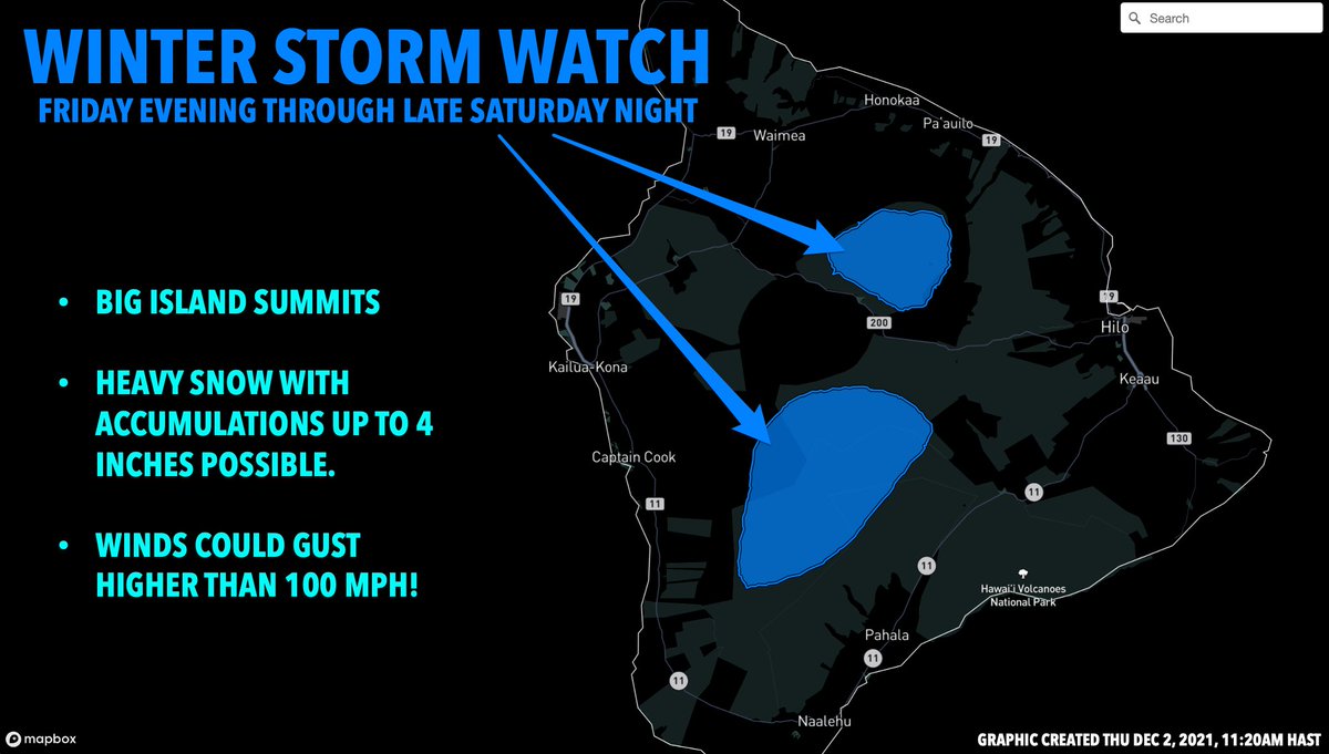 RadarOmega's tweet photo. WINTER STORM WATCH IN HAWAII ❄️🌺
A winter storm watch will go into effect Friday evening through late Saturday night for Big Island Summits (Mauna Loa and Mauna Kea). Heavy snow with accumulations up to 4 inches will be possible, and winds could gust higher than 100 MPH! #HIwx https://t.co/sGicAxf7Si