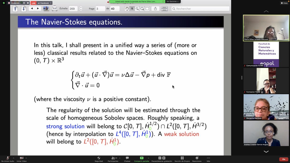 En este 3er día de las III Jornadas Ecuatorianas de Matemáticas, tuvimos la conferencia "Time–periodic weak solutions for the Navier-Stokes equations" de Pierre–Gilles Lemarié-Rieusset (<a href="/UnivParisSaclay/">Université Paris-Saclay</a> ) ¡Puedes volver a verla en nuestro FB Live! bit.ly/IIIJMd3