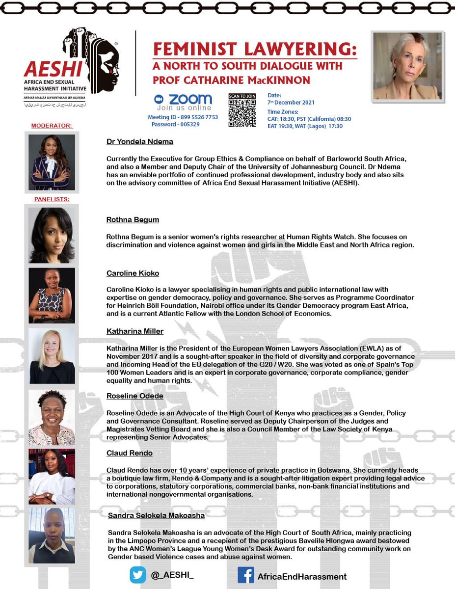 _AESHI_'s tweet photo. Join us on the 7th of December as feminist lawyers chat to the awesome Catherine MacKinnon @Rothna_Begum @CarolineK_Kioko @ClaudRendo @kathamiller @EWLA1 @FeministsKE @unwomenafrica @UN_Women @Purna_Sen @Nanshe_org @AU_WGDD @SAYoF_SADC @BosaSebele @GladysMbuya #16DaysofActivism https://t.co/UG4Tim03FJ