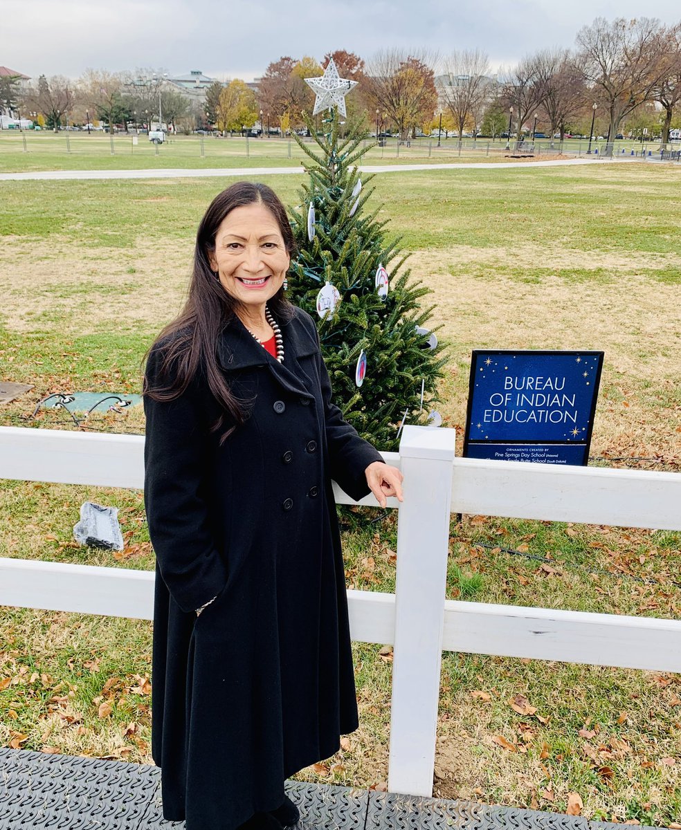 SecDebHaaland's tweet photo. 🎄A sneak peek before tonight’s lighting of the National Christmas Tree. 

For the first time ever, students from @BureauIndianEdu schools have shared their creativity and holiday spirit with ornaments on a tree along the National Mall. https://t.co/ZmoUHfiA0S