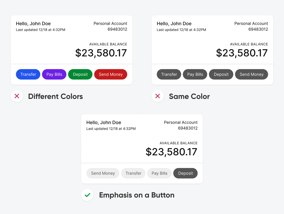 uxmovement's tweet photo. Grouped buttons that use different colors or the same color make users think too much.

Emphasis on the most beneficial button decreases their cognitive load. https://t.co/gp67jYH06W