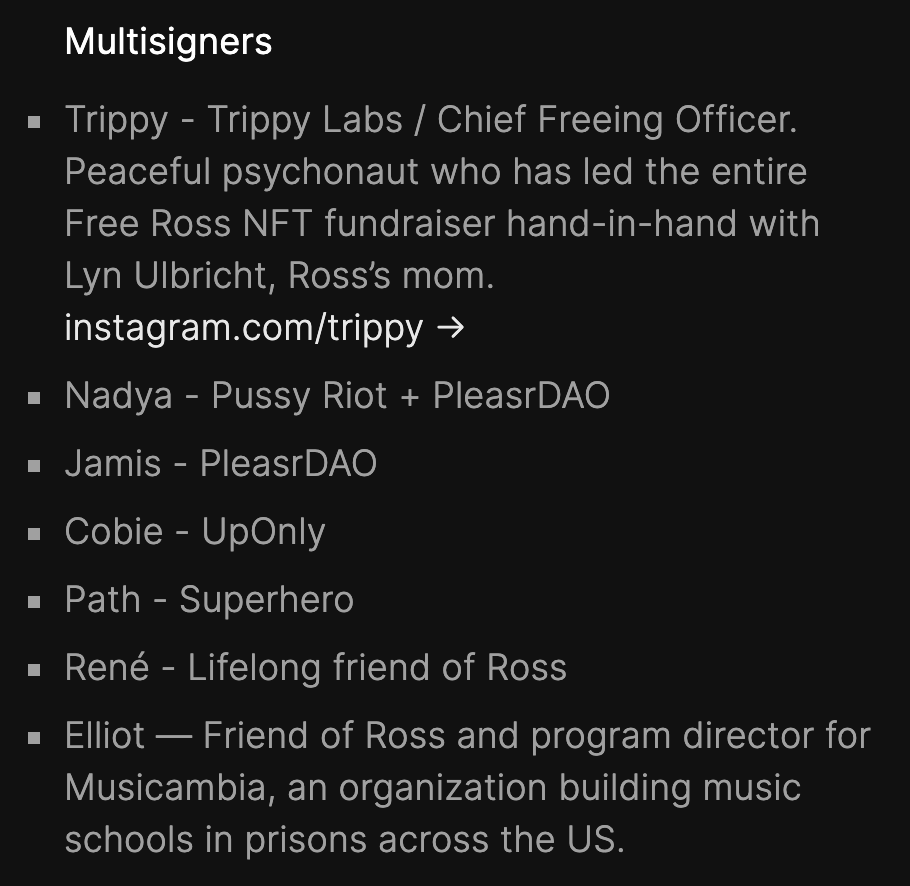 PleasrDAO's tweet photo. Funds will be held in a 3/7 multisig. We chose 3/7 for speed during the bidding. This can be changed after the auction to 4/7 for security. Signers: @trippylabs, @pussyrrriot, @_jamiis, @CryptoCobain, @Cryptopathic, @elliotcole, @RJPinnell https://t.co/53N6B5EmFK