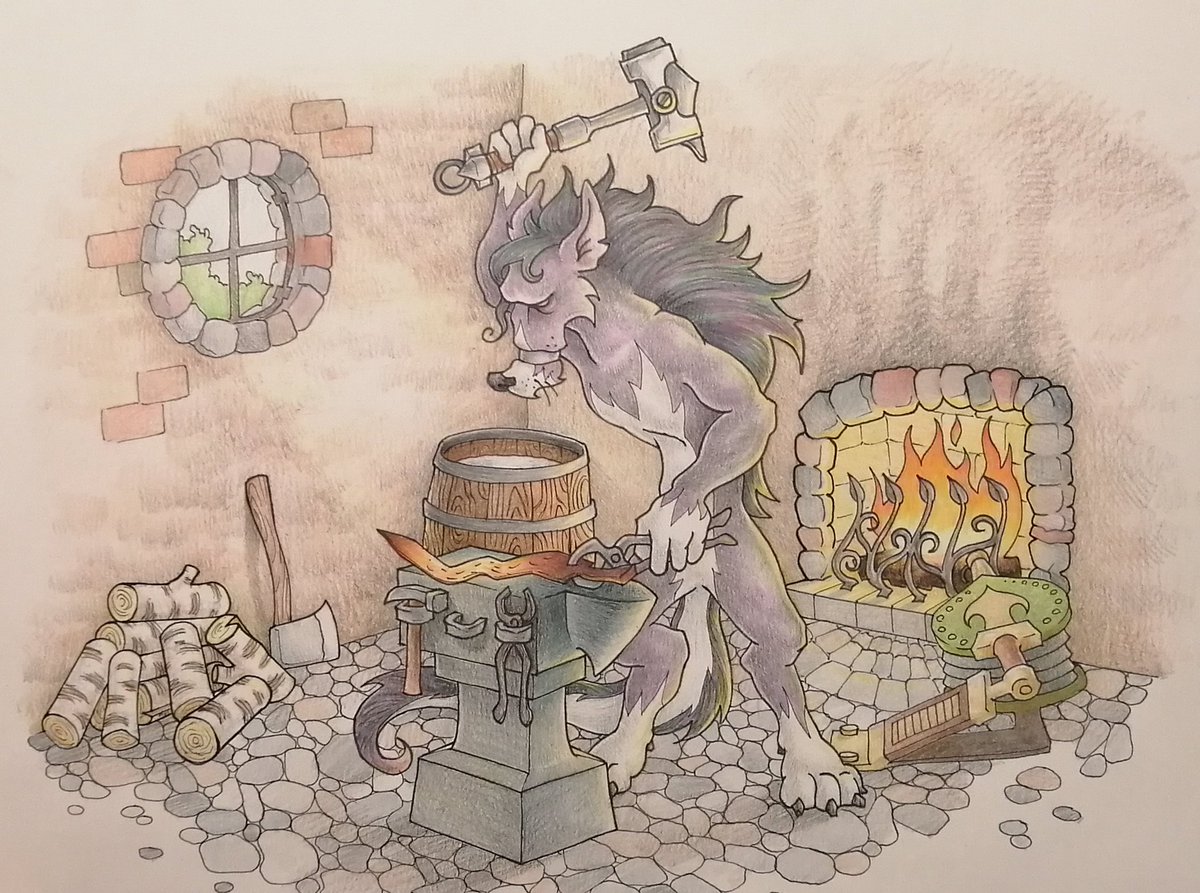 RedBarronDesign's tweet image. Finished (for now) #WIP #handdrawn #colouredpencil #ArtistOnTwitter #characterdesign #fantasy #blacksmith #doggo #fire #cobblestone #starvingartist