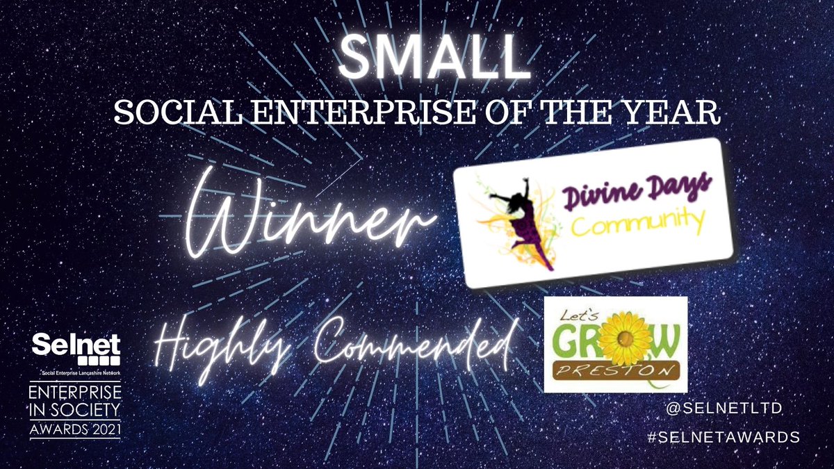 Selnet Ltd (@selnetltd) on Twitter photo And the winner of the Small Social Enterprise of the Year goes to <a href="/DivineDaysUK/">Divine Days Community CIC</a> impressing judges with their provision of creative disability-friendly activities & a wide range of projects promoting inclusion.
<a href="/LetsGrowPreston/">Let's Grow Preston</a> were also highly commended.
#SelnetAwards And the winner of the Small Social Enterprise of the Year goes to <a href="/DivineDaysUK/">Divine Days Community CIC</a> impressing judges with their provision of creative disability-friendly activities & a wide range of projects promoting inclusion.
<a href="/LetsGrowPreston/">Let's Grow Preston</a> were also highly commended.
#SelnetAwards