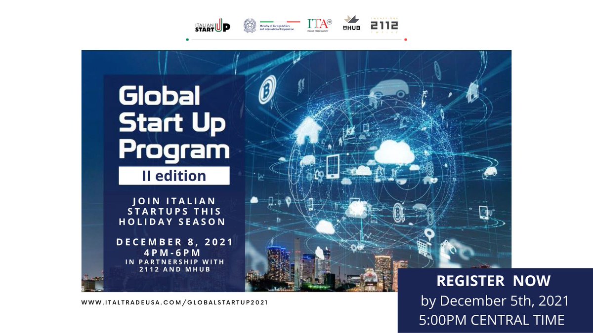ITAMachines's tweet photo. 📣🚀 📈 🏦 🎯on December 8, 2021 from 4-6PM, the @ITAtradeagency via its @ITAChicago office, @2112chi & @mHUBChicago will bring the best of Italy’s #startups
REGISTER NOW👉 https://t.co/nisJkd5jbS
#GlobalStartupProgram #italianstartups #madeinitaly @ItalyMFA @ITAMachines https://t.co/GcYmuzg5Y3