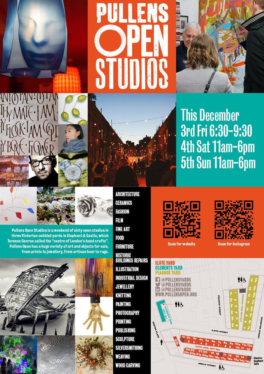 This weekend Pullens Yards Open Studios!

Tonight 6.30pm-9.30pm
Sat &amp; Sun 11am-6pm

Live music, food, Christmas shopping, workshops, mulled wine, locally brewed beer &amp; more!

Nearest stations Elephant &amp; Castle/Kennington!

#openstudios #ChristmasMarket #pullensyards
#thingstodo