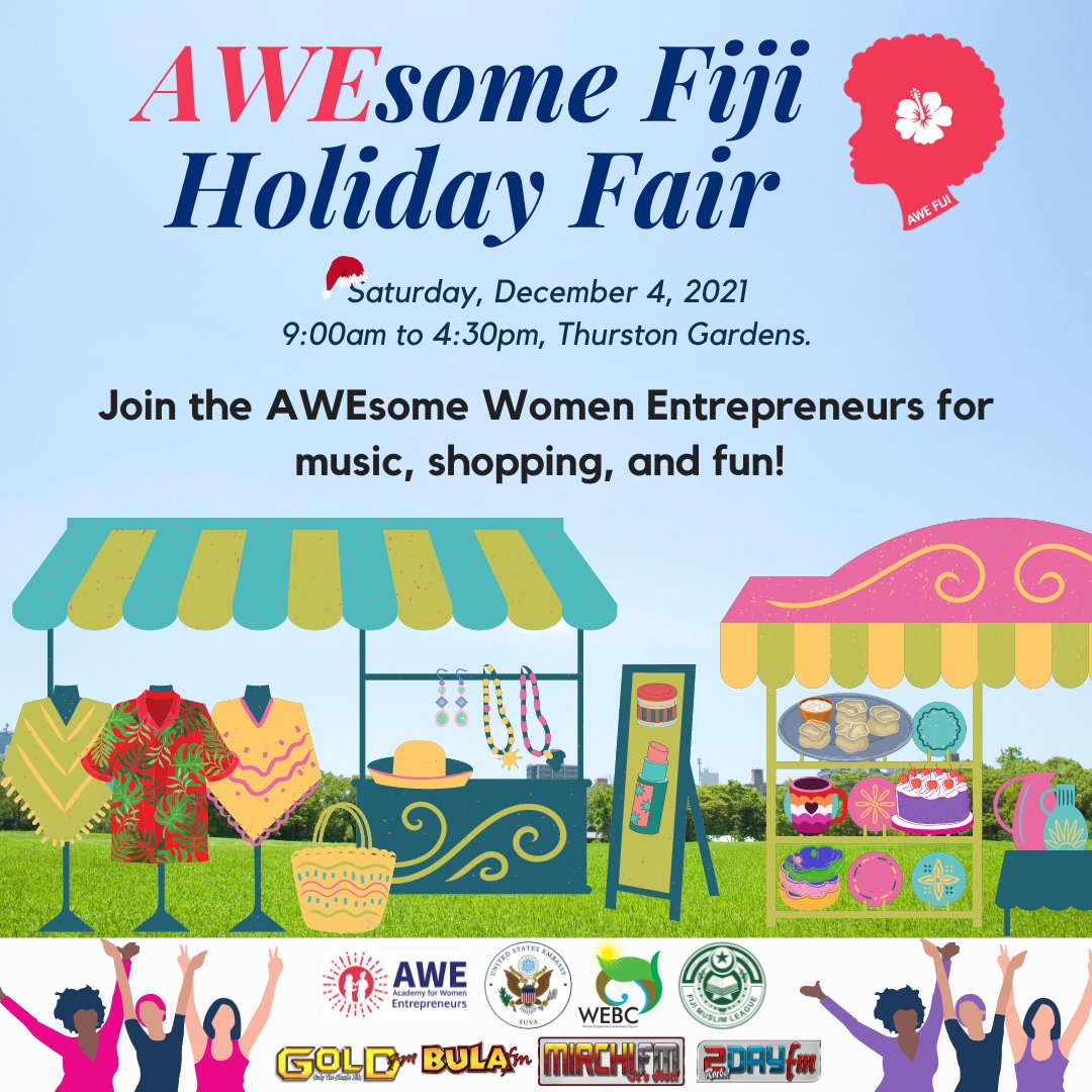 USEmbassySuva's tweet photo. We are super thankful it's Friday because that means tomorrow is our #AWEsome Fiji Holiday Fair 🎉
Bring the family down for a day of music, shopping, and fun with our #AWEFiji women entrepreneurs!
🕘 9am
📍 Thurston Gardens
#AWEProgram #AWEsomeTogether #AWEFiji #TGIF https://t.co/9GfZ1nDQC0
