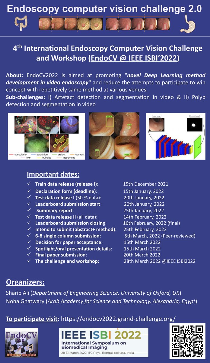 cv_endo's tweet photo. Poster for #EndoCV 2022 - feel free to spread the news and encourage #ai enthusiasts in your group or #university to participate.
Participate at: https://t.co/8xI6prW1bB
#endoscopyimaging #artefact #polyp #segmentation #detection #sequence_learning #deeplearning #ISBI2022 https://t.co/7Q6ewZ0A7f