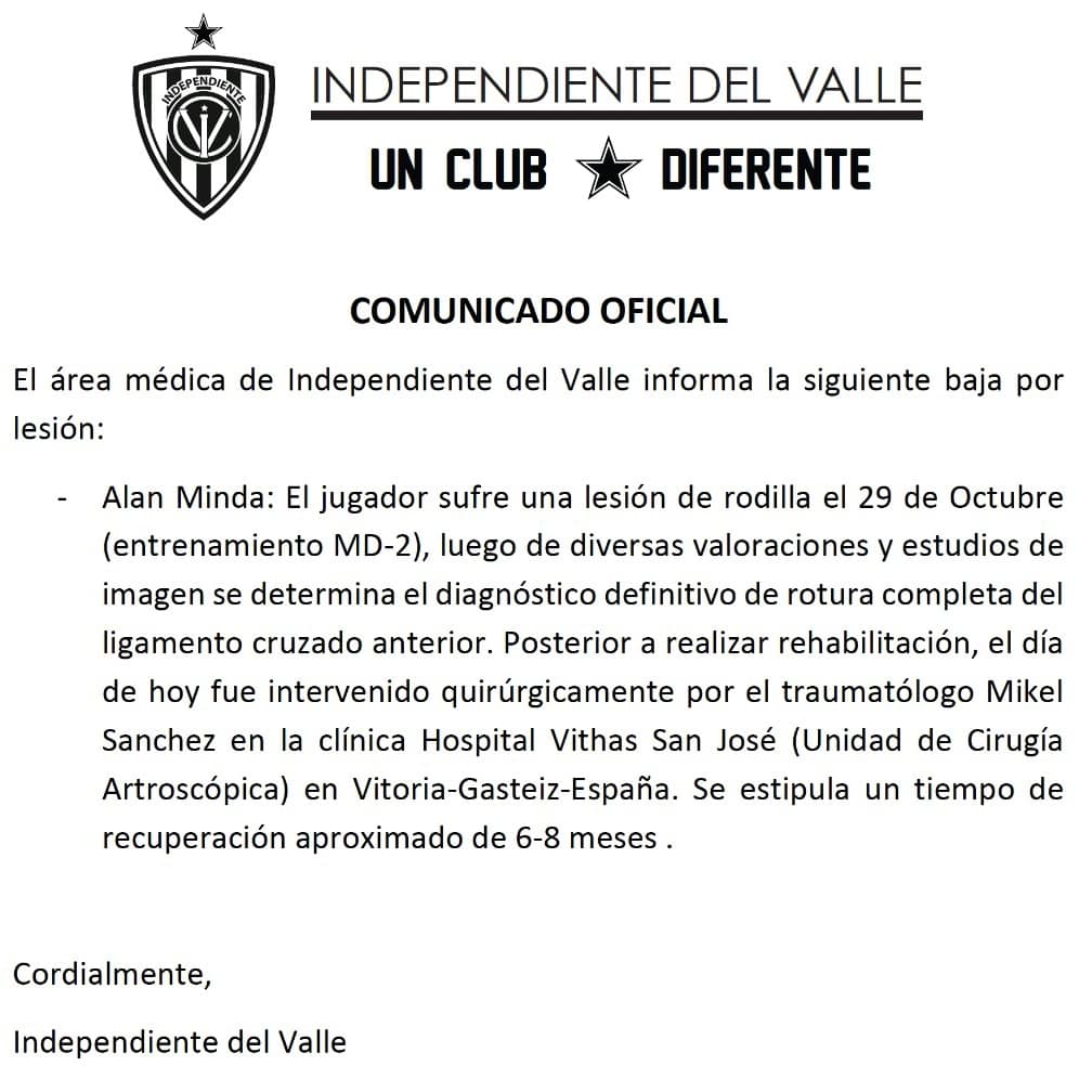 🚨#AlanMinda, baja en #IDV por lesión.