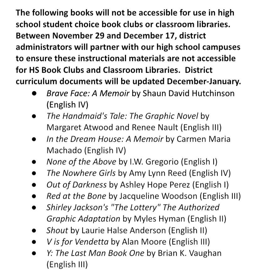 Mike_Hixenbaugh's tweet photo. Here’s the list of books now banned from classroom libraries at Leander ISD, a suburban district outside Austin. The physical purge began Monday. https://t.co/ksLxONYanu