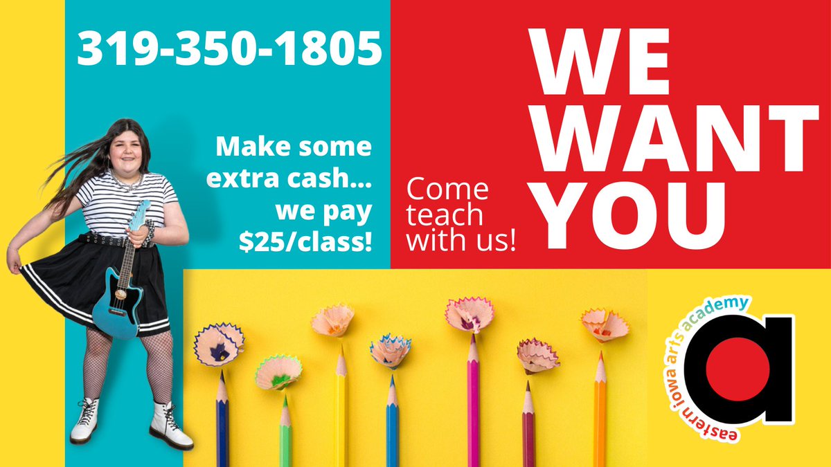 EasternIowaArts's tweet photo. Looking for local musicians and artists interested in teaching classes to students at the Eastern Iowa Arts Academy! Give us a call for more information! 319-350-1805 #teacherswanted #cedarrapids #localartists https://t.co/dywDLj5OdG