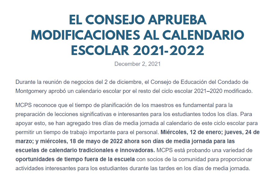 ¡Atención padres y guardianes! Durante la reunión de negocios del 2 de diciembre, el Consejo de Educación del Condado de Montgomery aprobó cambios al calendario escolar del ciclo escolar 2021‒2020.

Vea detalles en: montgomeryschoolsmd.org/departments/pu…
