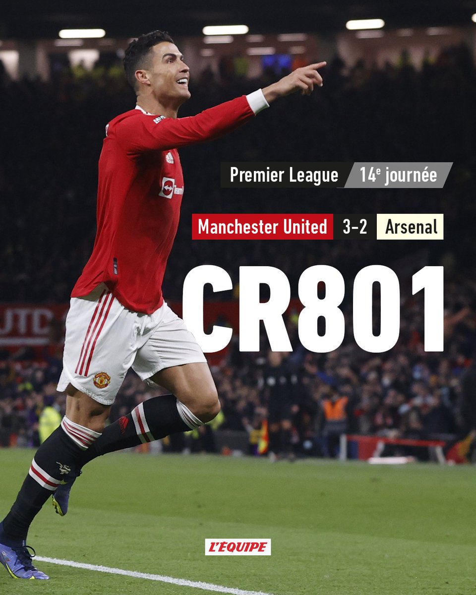 lequipe's tweet photo. Cristiano Ronaldo permet à United de battre Arsenal grâce à ses 800 et 801es buts en carrière. 

Le match > https://t.co/kYyqSx4EbI 

#MUNARS https://t.co/GjailuNPes