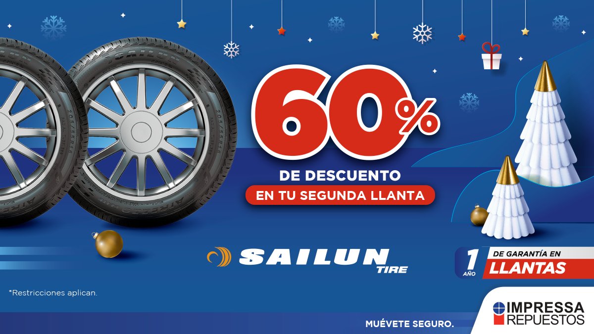 IMPRESSAREP's tweet image. ¡En navidad rueda más cuesta menos! 🎅🏼 APROVECHA 60% de descuento en tu segunda llanta Sailun 🎄 Cotízalas al 2278-9999 o por WhatsApp: bit.ly/3uxLJ10

🔷Promoción del 1 al 31 de diciembre 2021
🔷Ver restricciones: bit.ly/2Ee6Orr