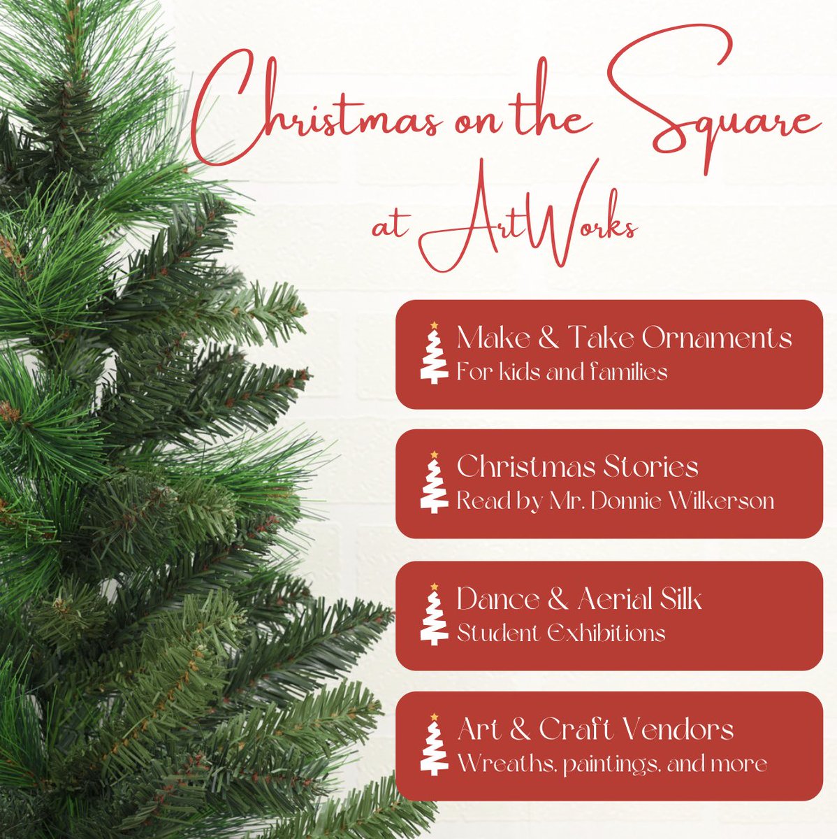 ArtWorksRC's tweet photo. We are so excited to be a part of @RCCelebrates  Christmas on the Square! Stop by ArtWorks for Make &amp; Take ornaments, Christmas stories with Mr. Wilkerson, student performances, and MORE! We are located at 310 Monument Square in the old Treasure Alley. https://t.co/kxtgUptElc