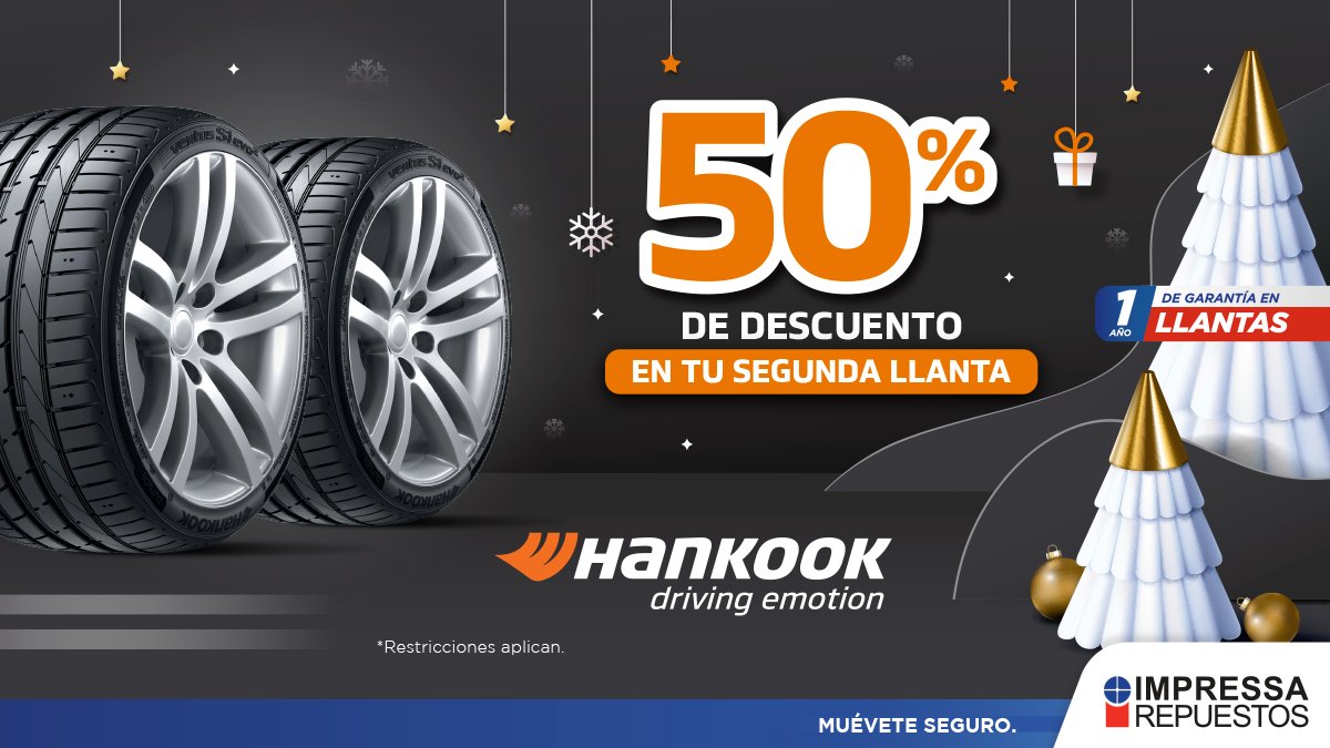 IMPRESSAREP's tweet image. ¡En navidad muévete con las mejores marcas! 🎅🏼 APROVECHA 50% de descuento en tu segunda llanta Hankook 🎄 Cotízalas al 2278-9999 o por WhatsApp: bit.ly/3uxLJ10

🔷Promoción del 1 al 31 de diciembre 2021
🔷Ver restricciones: bit.ly/2Ee6Orr