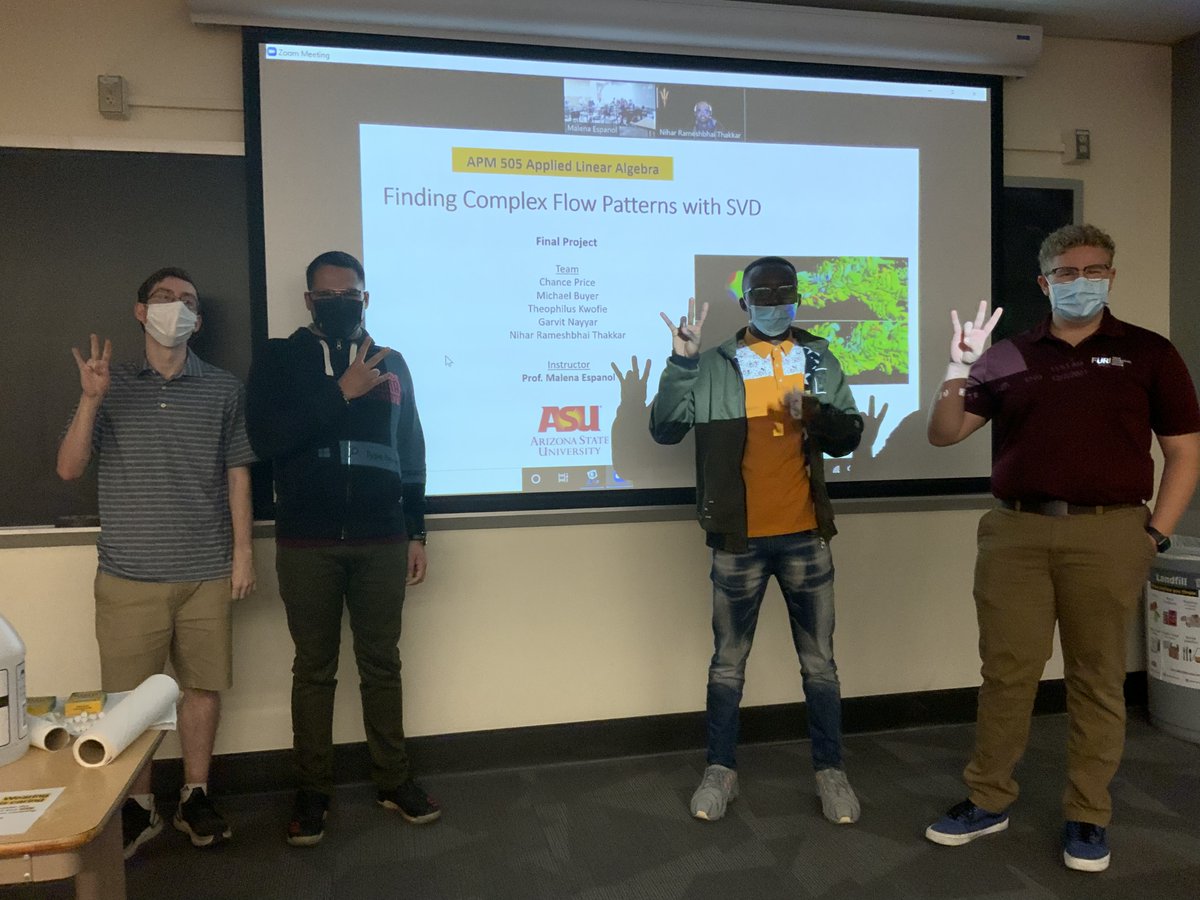 EspanolMalena's tweet photo. Second and last day of presentations for the Applied Linear Algebra course. What a fantastic way to end a wonderful semester! #AppliedMath #InterdisciplinaryTeams @ASUMathematics https://t.co/Ash8ojEfPP