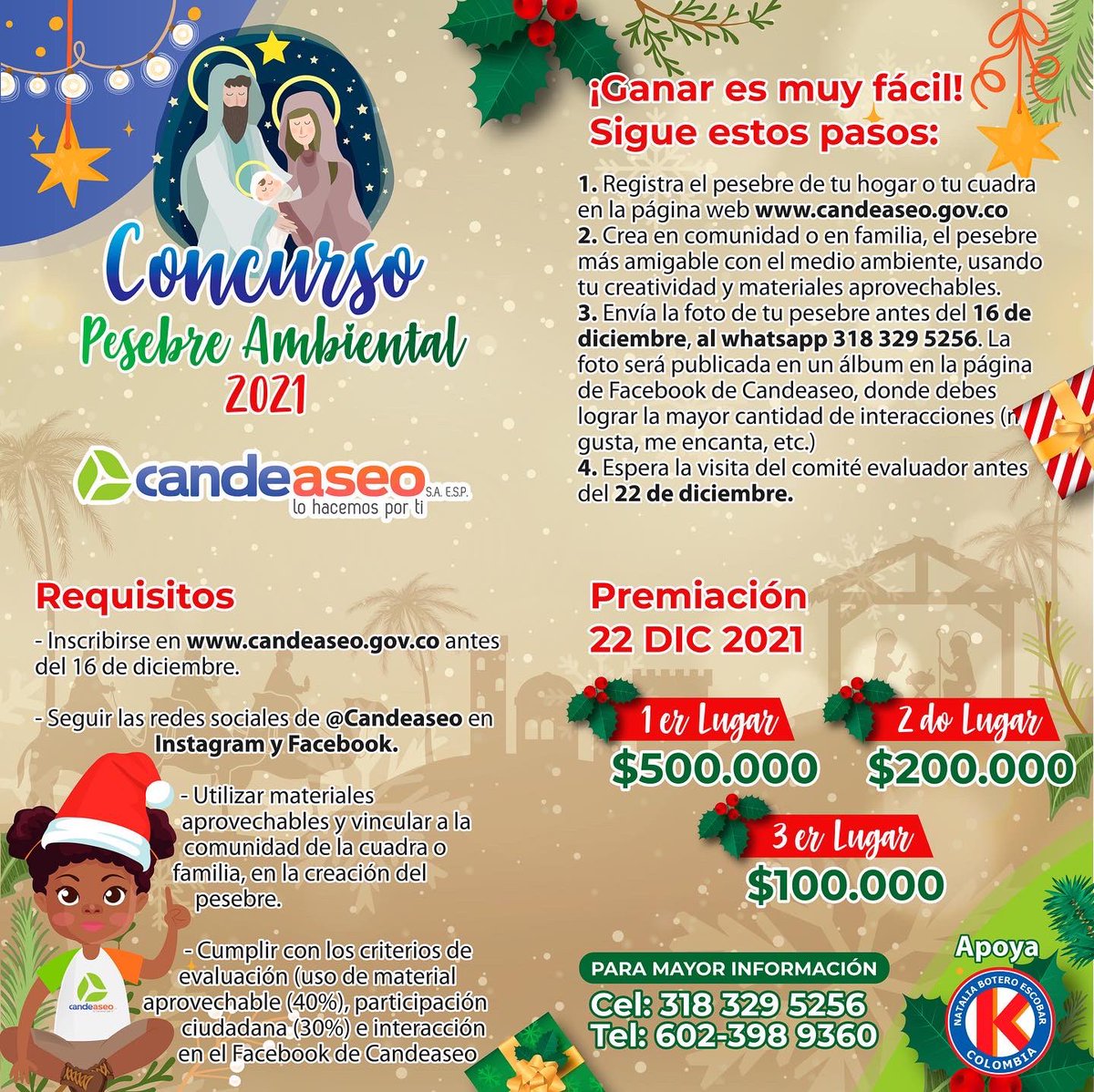 CANDEASEO's tweet photo. En #Candeaseo tenemos $800mil pesos en #premios para los mejores #pesebresambientales ⚪️♻️ ¿Estás listx para ganar? 🤑🎁 Tienes hasta el 16 de diciembre para inscribir tu pesebre ¡Sigue estos pasos!⬇️

#concurso apoyado por @fkcolombia https://t.co/7VrC48QXru