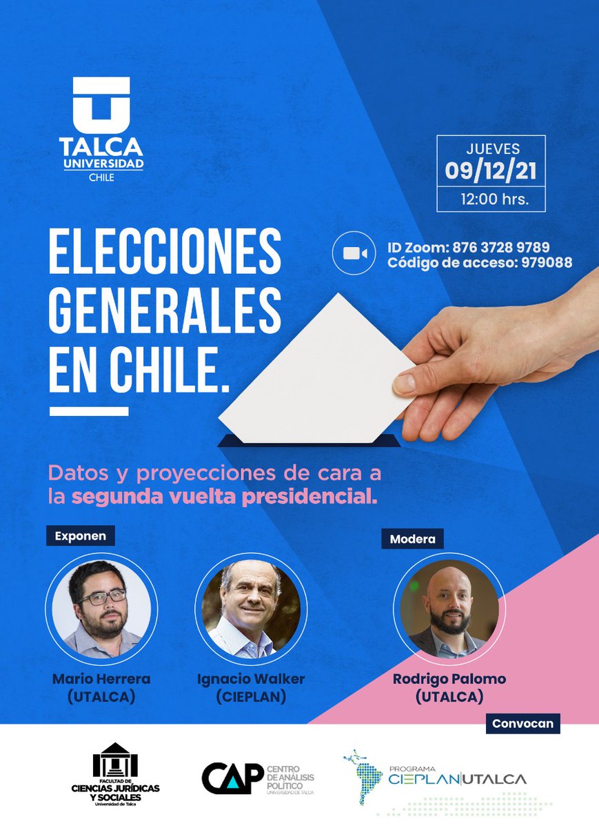 ¿Cuáles son las proyecciones para las elecciones presidenciales en Chile? 🗳 Te invitamos a conversar sobre el contexto eleccionarios en un nuevo seminario de #Cieplan- <a href="/UTalca/">Universidad de Talca</a> .
Para participar inscríbete en Flecha hacia abajo
bit.ly/eleccionesgene…