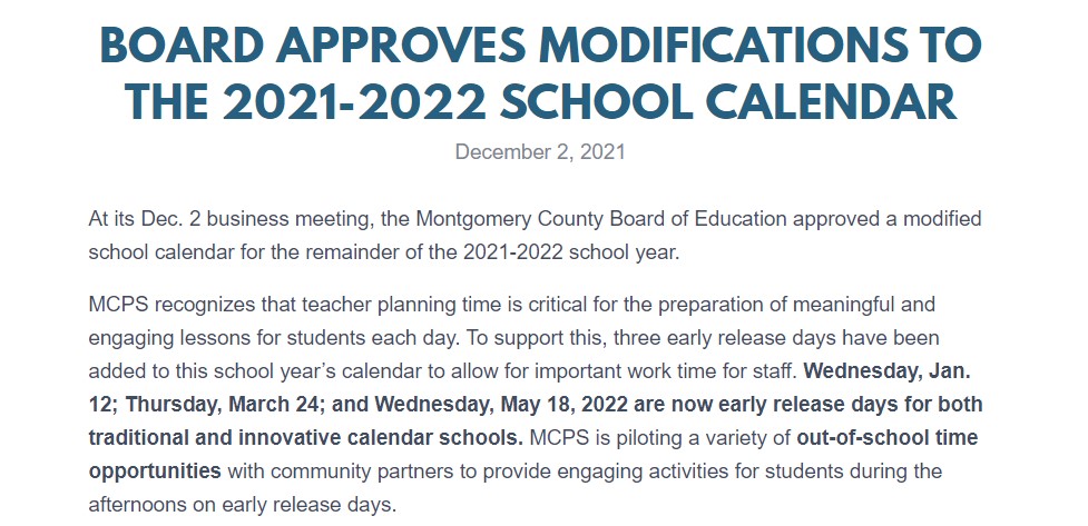 During its Dec. 2 business meeting, the Board of Education approved a modified school calendar for the remainder of the 2021-2022 school year. See details: montgomeryschoolsmd.org/departments/pu…