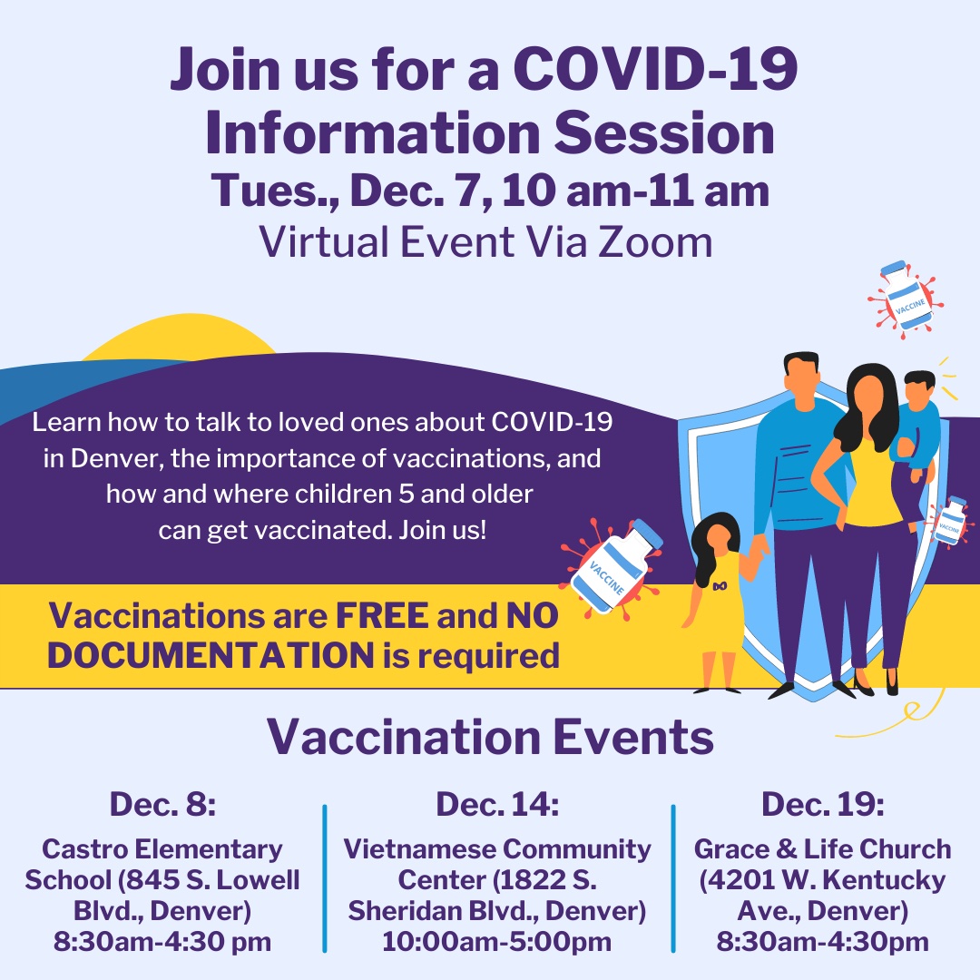 You're invited! Join us for a live, virtual #COVID19 information session on Tuesday, 12/7. The event will feature expert bilingual presenter and health educator Miriam Garcia Romero. It will be moderated by Emmy Award-winning journalist <a href="/RJCVen/">Rodolfo J Cardenas</a>. Tune in at denvergov-org.zoom.us/j/84883339682