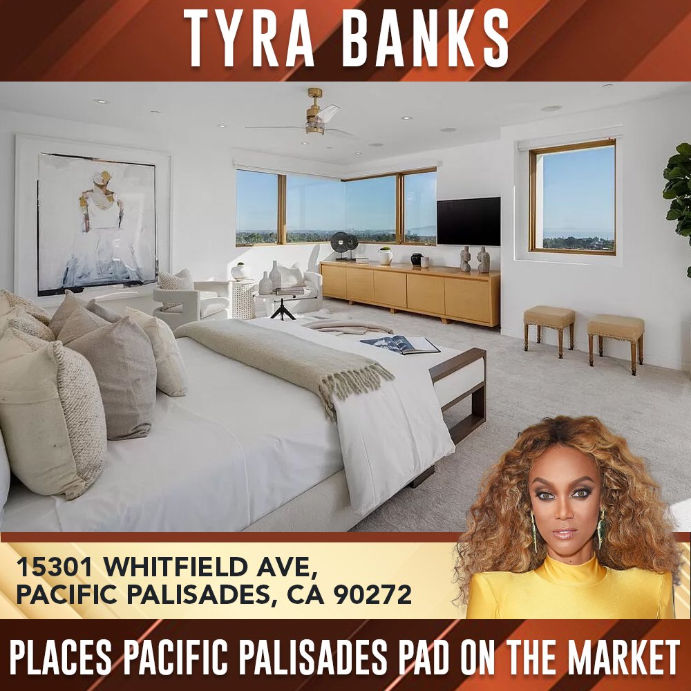 LowellVanderblt's tweet photo. #CelebrityRealEstate
#TyraBanks Places Pacific Palisades Pad on the Market for $7.9M

Luxurious primary bedroom enjoys the mesmerizing vistas. Five bedrooms plus office, gym and media room with 120 inch projection screen. https://t.co/mMyeEzaBqf